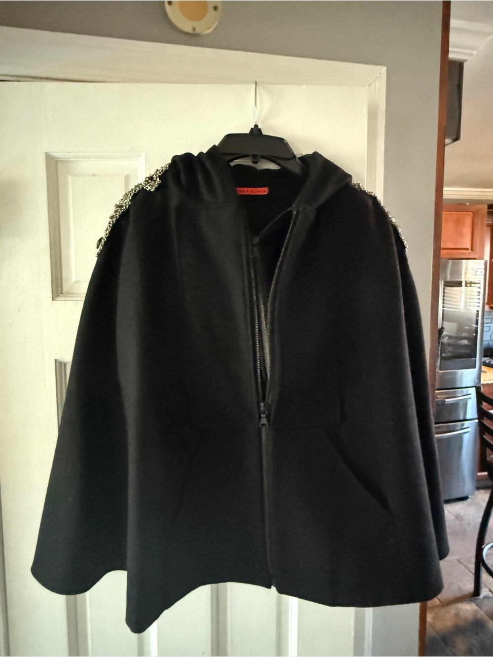 Black Hooded Cape with Embellished Shoulders